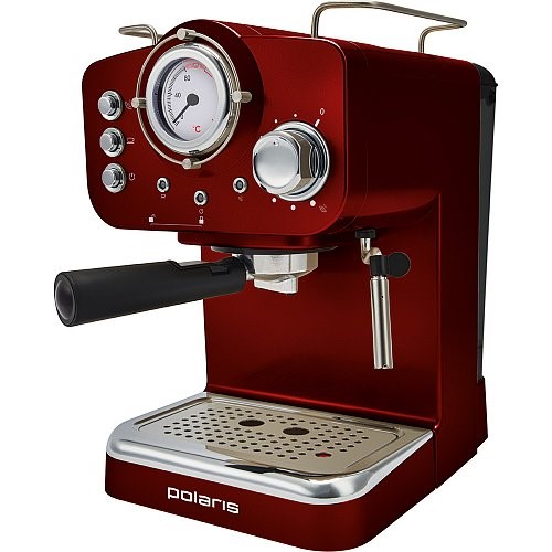 Красная рожковая кофеварка Polaris в ретро-стиле
