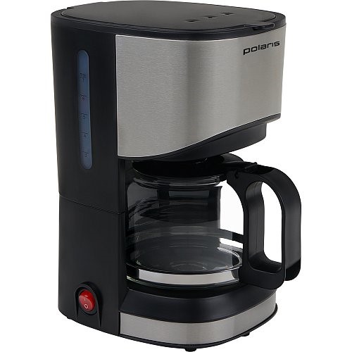 Черно-серая капельная кофеварка Polaris с красной кнопкой и прозрачным кофейником
